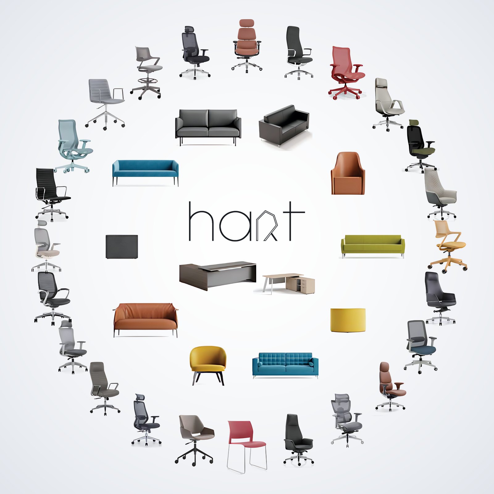 hart office chairs, sofas and desks arranged in two rings around the hart logo